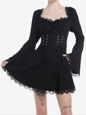 Cosmic Aura Gothic Renaissance Black Lace Up Bell Sleeves Dress